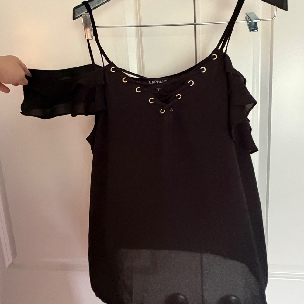 Express Black Cold Shoulder Lace Up Grommet Ruffle Chiffon Blouse Womens Large